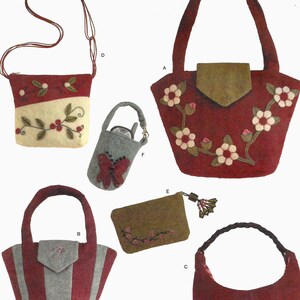 May include: A Simplicity pattern featuring various felt bag designs. The bags include a crossbody bag, tote bags, a small coin purse, and a shoulder bag. The bags are decorated with floral and butterfly appliqués. The pattern number is 3715.