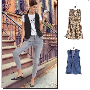 May include: McCall's sewing pattern M8050 featuring a woman wearing a pinstripe vest. The pattern includes multiple view options with simple instructions. The size range is A (S-M-L-XL-XXL).