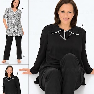 May include: A sewing pattern for loungewear featuring a long-sleeved black tunic with a white-trimmed collar and zipper, a short-sleeved white tunic with black text print, and two pairs of straight-leg pants in solid black or black and white patterns.