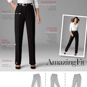 May include: Simplicity 2342 Amazing Fit sewing pattern for black pinstriped trousers. Features include a natural waistline, flat-lying pleats with concealed pocket lining, side seams hanging perpendicular to the floor, and hem or cuffed leg options.