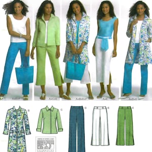 May include: Simplicity wardrobe elements sewing pattern. The image shows various outfit options, including pants, tops, jackets, and tote bags. The outfits are in shades of blue, green, and white. The pattern includes sizes 20W-28W.