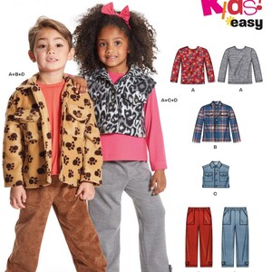 May include: A sewing pattern for kids' clothing, featuring a brown and tan jacket with paw prints, a pink shirt, grey pants, a blue and white plaid shirt, a blue denim vest, red pants, and blue striped pants. The pattern is labeled "N6746 Kids! Easy" and includes sizes 3-8.