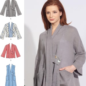 May include: Simplicity pattern S8917 features a woman wearing a gray jacket with large pockets and a button closure. The pattern includes variations of jackets in different colors and styles, including a floral print and a blue vest.