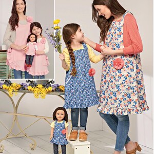 May include: Simplicity pattern 8712 A features aprons for adults, children, and dolls. The aprons have floral and ruffle details. The pattern includes sizes S-L. The doll aprons fit 18-inch dolls, approximately 45.5cm.