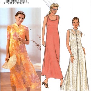 May include: A sewing pattern for three different dresses. The pattern is for sizes 8, 10, and 12. The dresses are all long and flowy. One dress is a floral print, one is a solid coral color, and one is a white lace.