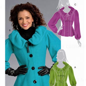 May include: A McCall's sewing pattern envelope featuring a teal jacket with a large ruffled collar, long sleeves, and three black buttons. Illustrations show variations in purple and lime green with ruffled collars, tie closures, and button fronts.