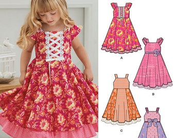 New Look 6278 Sewing Pattern for Girls Dress with Bodice Trim and Sleeve Variations sz 3-8 Uncut