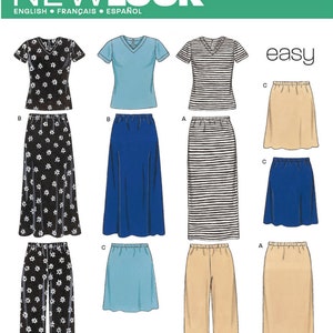 May include: A sewing pattern for a skirt and top. The pattern includes three different skirt styles: a striped skirt, a floral skirt, and a solid skirt. The pattern also includes three different top styles: a striped top, a floral top, and a solid top. The pattern is labeled "New Look 6730 Easy".