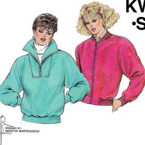 May include: Illustration of two women wearing jackets. One jacket is teal with a zipper and a high collar, the other is pink with a zipper. The text "KWIK SEW" is in the upper right corner. The design is by Kerstin Martensson.