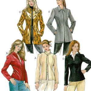 May include: McCall's sewing pattern featuring five jacket designs. The jackets are in various colors, including red, black, gray, and tan, with different styles, such as a collared jacket and a long coat. The pattern includes the McCall's logo.