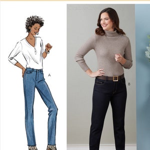 May include: A sewing pattern for a pair of jeans. The pattern includes two different styles, one with a light blue wash and one with a dark blue wash. The pattern is from Butterick and has the number B6911.