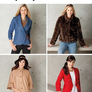 May include: A sewing pattern featuring five different jacket styles. The jackets are shown on models wearing jeans and black pants. The pattern includes a denim jacket, a faux fur jacket, a long beige jacket, and two red jackets.