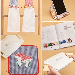May include: A sewing pattern for a variety of kitchen accessories, including a dish towel holder, a tablet stand, a book holder, and a pot holder. The pattern includes instructions for making each item, as well as a list of materials needed. The pattern is designed and printed in the USA.