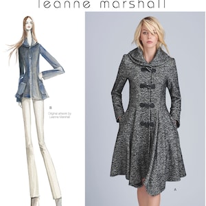 May include: Simplicity sewing pattern featuring a Leanne Marshall design. The image shows a woman wearing a gray coat with a flared skirt and a drawing of a blue jacket and white pants. The pattern includes sizes 14-22.