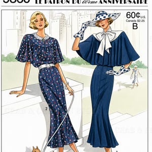 May include: Simplicity 9360 60th Anniversary Pattern envelope featuring two dress designs. One dress is blue with a floral print and white collar, the other is solid navy blue with a capelet, white bow, and matching polka dot hat and gloves.