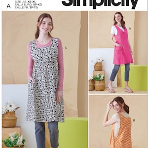 May include: A sewing pattern for three different styles of sleeveless dresses. The pattern is called Simplicity S9766 and is for sizes XS-XL. The dresses are shown in pink, orange, and black and white patterns.