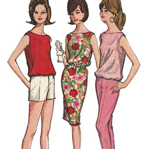 May include: A vintage McCall's printed pattern featuring three illustrated figures in stylish outfits. The figures are wearing a red top and white shorts, a floral dress, and a pink gingham top with pink pants. The pattern is for clothing.
