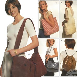 May include: McCall's Fashion Accessories pattern featuring various bag designs. The main image showcases a large, brown suede shoulder bag with a drawstring closure. Additional bags include a striped tote, a cream-colored shoulder bag, a studded purse, and a leopard print backpack.
