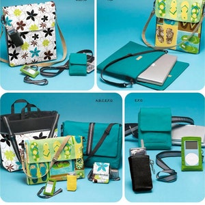May include: Simplicity 4391 sewing pattern for various bags and cases. Includes a floral print messenger bag, a flip-flop print shoulder bag, a solid teal laptop sleeve, a black phone case, a green media player pouch, and a yellow accessory bag.