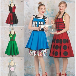 May include: Simplicity pattern 8279 features cosplay-inspired dresses. The pattern includes designs for dresses with unique details, such as a red and black harlequin-style dress, a green dress with brown accents, and a blue dress with a floral underskirt.
