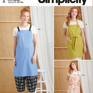 May include: A sewing pattern for three different apron styles. The pattern is called Simplicity S9907 and includes instructions for a blue apron, a yellow apron, and a floral print apron. The pattern is easy to sew and is designed and printed in the USA.