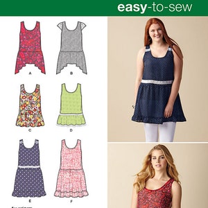 May include: A sewing pattern for a sleeveless top with a variety of different fabric options. The pattern includes six different styles of tops, including a solid grey top, a floral print top, a polka dot top, and a plaid top. The pattern is for sizes XXS-XXL. The pattern is designed and printed in the USA.