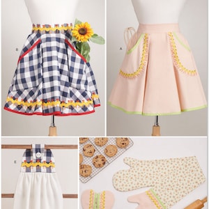 May include: A sewing pattern for a set of kitchen accessories, including an apron, a potholder, a dish towel, and a heart-shaped hot pad. The pattern features a cheerful chicken design and is available in sizes S-L.