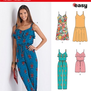 May include: A woman models a teal jumpsuit with a red floral pattern. The image also shows sewing pattern illustrations of dresses and jumpsuits. The pattern is labeled "New Look" and "easy".