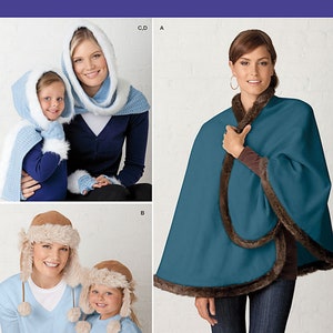 May include: Simplicity sewing pattern number 1735 A for a hooded scarf, a cape with fur trim, and a hat with fur trim. The pattern includes instructions for making a matching set for adults and children.