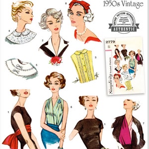 May include: Vintage sewing pattern Simplicity 2779 for a 1950s style blouse with a Peter Pan collar, a sleeveless blouse with a V-neck, and a blouse with a boat neck. The pattern includes additional size options and cutting layouts. The pattern is authentic and easy to sew.