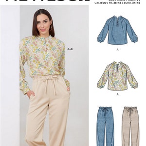 May include: A sewing pattern for a blouse and pants. The pattern includes two different styles of blouses, one with a solid blue color and the other with a floral print. The pants are available in two colors, blue and beige. The pattern is for sizes 8-20, 36-48, and 34-46.