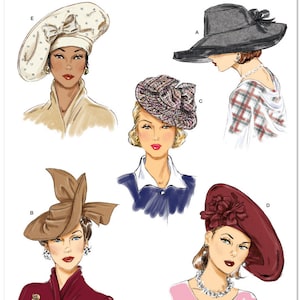May include: A Simplicity S9834 sewing pattern sheet featuring illustrations of five distinct hat designs labeled A through E. The hats include a wide-brimmed black hat, a brown hat with a large bow, a plaid fascinator, a red hat with floral detail, and a cream hat with embellishments.