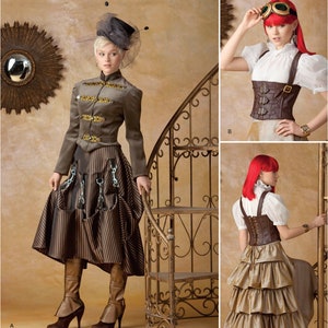 May include: Simplicity sewing pattern 1558 features steampunk-inspired designs. The image showcases a woman in a brown jacket, skirt, and boots, and two other women in corsets and skirts. The pattern includes sizes 14, 16, 18, 20, and 22.