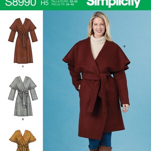 May include: Simplicity sewing pattern number S8990, size US 6-14, Talla Euro 32-40, Taille Fr. 34-42, for a wrap coat with a shawl collar. The pattern includes three different views: A, B, and C. View A is a brown coat, View B is a gray coat, and View C is a yellow and brown patterned coat.