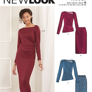 May include: A sewing pattern for a long-sleeved top and skirt. The pattern is for sizes 6-18, 34-46, and 32-44. The top has a draped neckline and the skirt is a pencil skirt. The pattern is available in two colors: red and blue.