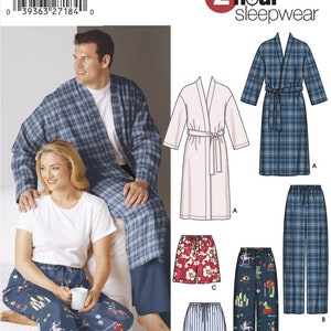 May include: Simplicity sleepwear pattern featuring a man and woman wearing sleepwear. The pattern includes a robe, shorts, and pants in various styles. The image also shows the pattern number, size, and the Simplicity logo.