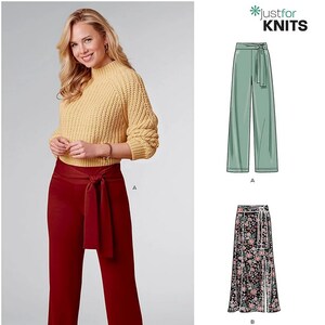 May include: Sewing pattern for pants and a skirt. The pattern is for knit fabrics and includes two styles: wide-leg pants with a tie belt and a wrap skirt with a floral print. The pattern is from New Look and has the number N6709.