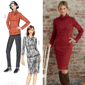 May include: Butterick sewing pattern B6858 featuring illustrations of women's clothing. The designs include a red dress, a suit with a patterned jacket and skirt, and a hooded top with pants. The text "Designed and printed in the USA" is visible.