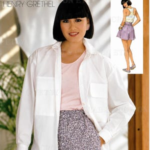 May include: A sewing pattern envelope featuring Henry Grethel designs. The image displays a white long-sleeve button-down shirt, a light pink tank top, and patterned shorts. An illustration in the corner shows the outfit on a figure.
