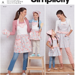 May include: Simplicity sewing pattern number S9565 for making aprons and oven mitts. The pattern includes instructions for making a long apron with a ruffle, a shorter apron with a ruffle, and a pair of oven mitts. The pattern is designed and printed in the USA.