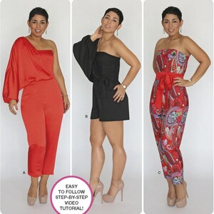 May include: Simplicity pattern 1115 Mimi G Style features three one-shoulder garment variations: a red jumpsuit with long sleeves, a black romper with a tie waist, and a red paisley print strapless jumpsuit with a red sash. Includes video tutorial.