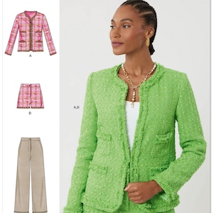May include: Simplicity pattern S3074 features a lime green tweed jacket and shorts ensemble, alongside a pink tweed jacket and skirt, and tan pants. The pattern includes illustrations of the garments and the text "Designed and printed in USA."
