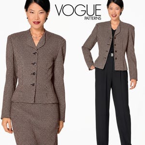 May include: Vogue Patterns 2047 Anne Klein sewing pattern envelope featuring a brown and black patterned jacket and matching skirt, alongside a second view showing the jacket paired with black trousers. The text includes Vogue Patterns and Anne Klein.