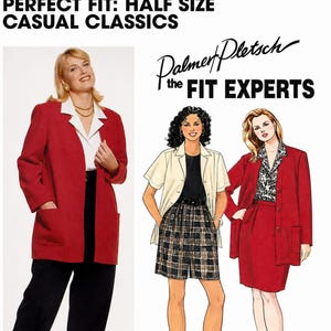 May include: McCall's Perfect Fit: Half Size Casual Classics sewing pattern envelope featuring Palmer Pletsch the Fit Experts. The cover displays a photograph of a red blazer with black trousers and two illustrations of outfits including a red blazer, skirt, and shorts.