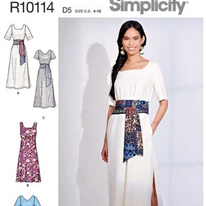 May include: Simplicity sewing pattern R10114, size US 4-12, for a dress with a square neckline and a sash. The pattern includes four different styles: a white dress with a sash, a gray dress with a sash, a floral print dress, and a blue dress with a sash.