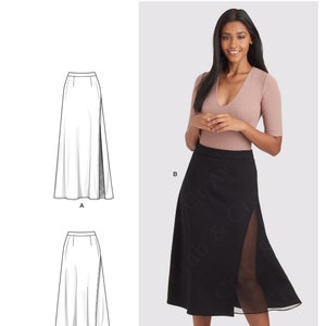 May include: A sewing pattern for a skirt with a side slit. The pattern includes three different styles: a long skirt with a slit, a shorter skirt with a slit, and a skirt with a slit and a sheer panel. The pattern is for sizes 6-14.