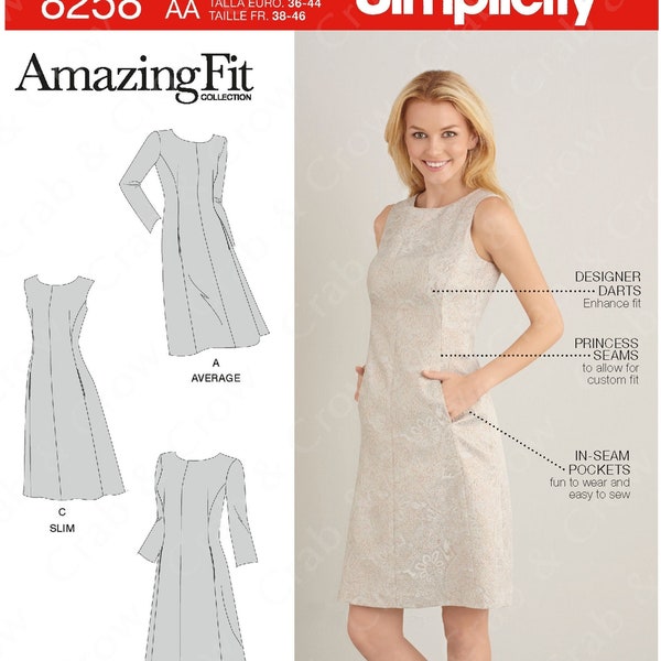 Simplicity 8258 Sewing Pattern Misses Amazing Fit Dress Round Neckline Front Seam Pockets and Three Sleeve Variations sz 10-18 Uncut