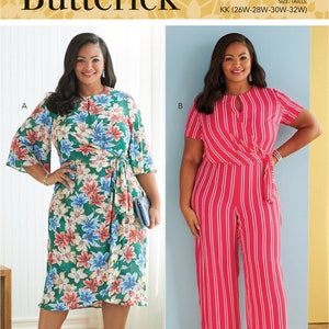 Butterick B6826 Sewing Pattern Womens Plus Size Faux Wrap Dress Jumpsuit with Sleeve Variations sz 18W-24W or 26W-32W Uncut