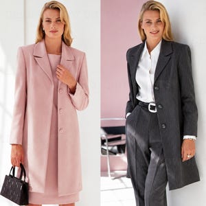 May include: A light pink coat and matching dress set, and a dark gray pinstriped coat with matching trousers and a white collared shirt. The image features the text McCall's at the bottom, showcasing two distinct tailored clothing ensembles.