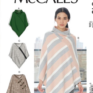 May include: McCall's sewing pattern M7846 features poncho designs. The main image shows a woman wearing a pink, gray, and white striped poncho. Additional illustrations display other poncho styles, including a green, gray, and brown option. The pattern includes size Z (LRG-XLG).